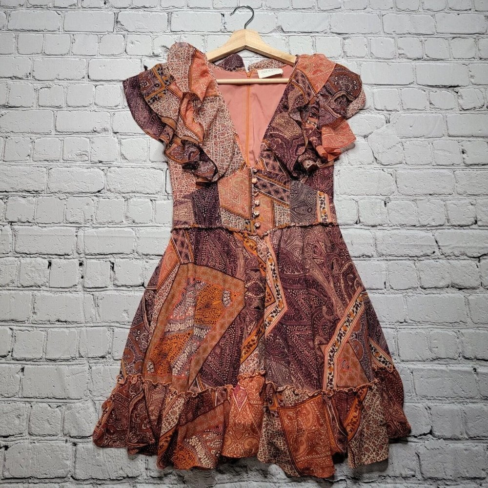 Divine Heritage Paisley Patchwork Multicolor Ruffle Mini Dress Size ?